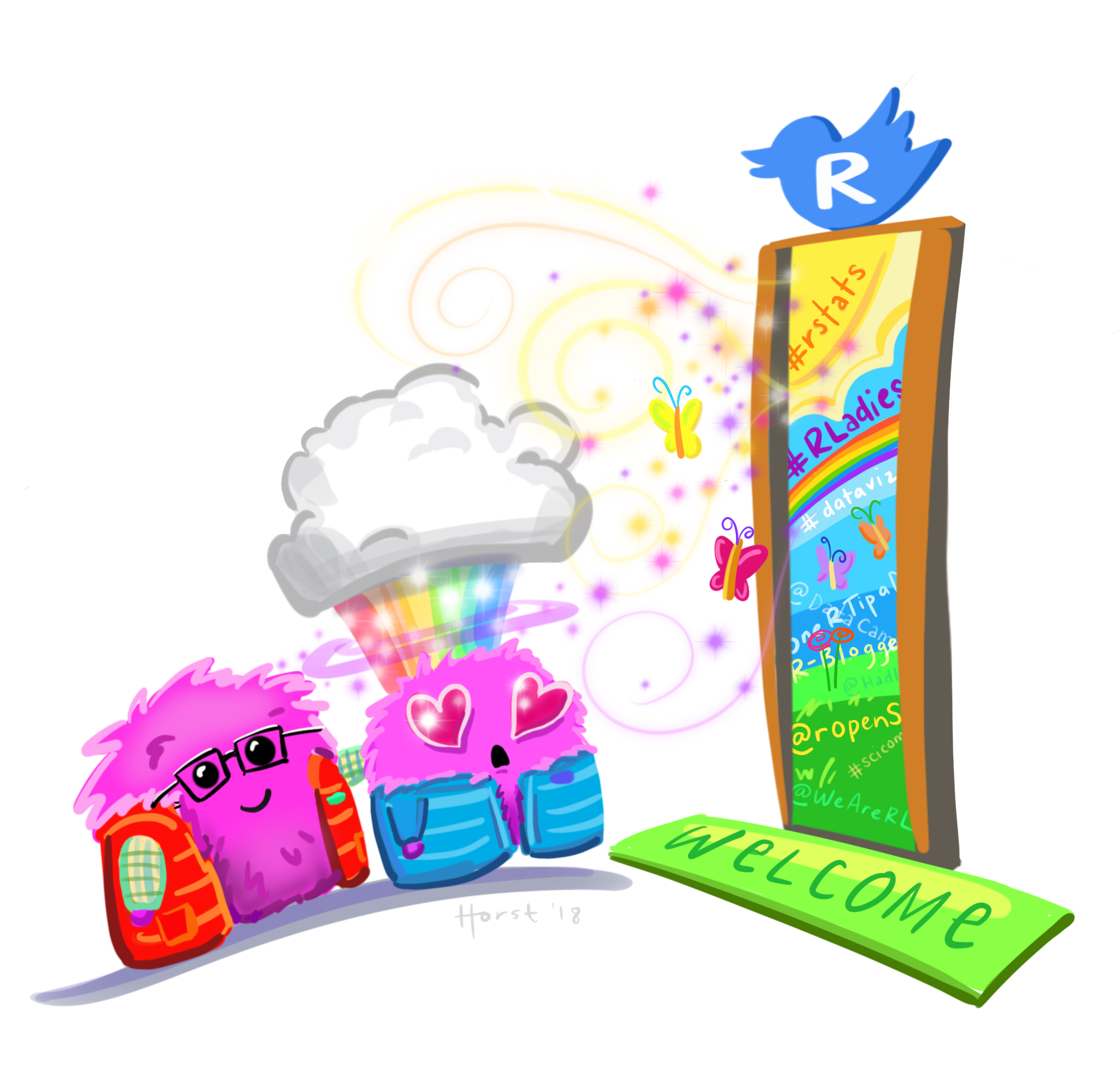 two pink monsters in front of a door with sun and rainbows representing the R community